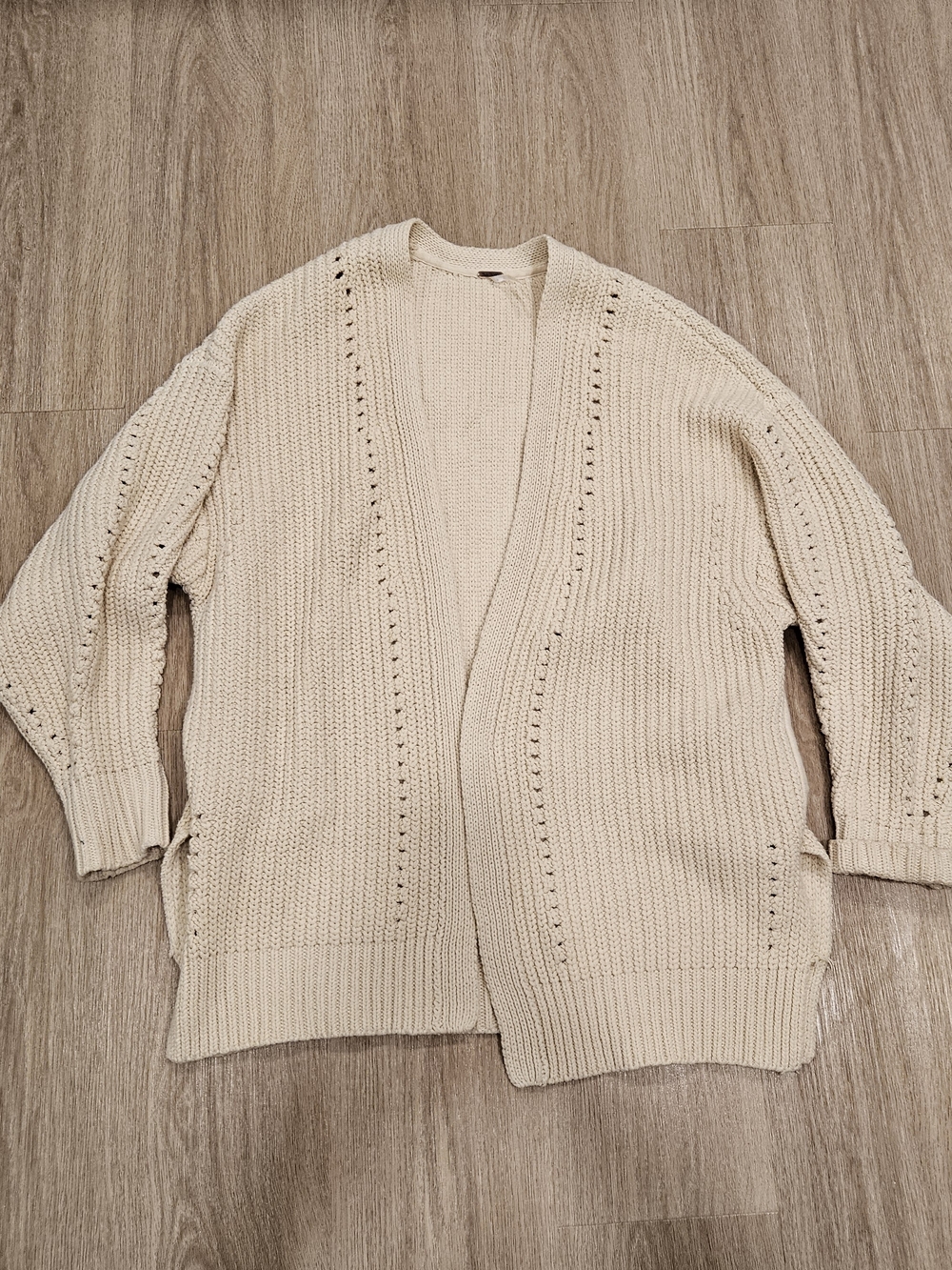 Free People Cream Chunky Knit Open Front Cardigan Sweater Pointelle Eyelet XS